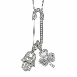 Aaron Basha Pave Diamond Safety Pin Necklace With Small Baguette Hamsa And Clover Charm