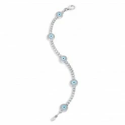 Aaron Basha 18K White Gold Full Pave Diamond With 5 Small Round Light Blue Evil Eye Bracelet - Pre Order