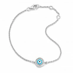 Aaron Basha 18K White Gold Light Blue Evil Eye With Diamond Rim On Single Strand Bracelet