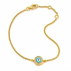 Aaron Basha 18K Yellow Gold Light Blue Evil Eye With Diamond Rim On Single Strand Bracelet