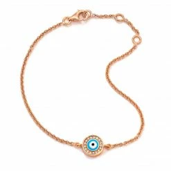 Aaron Basha 18K Rose Gold Light Blue Evil Eye With Diamond Rim On Single Strand Bracelet