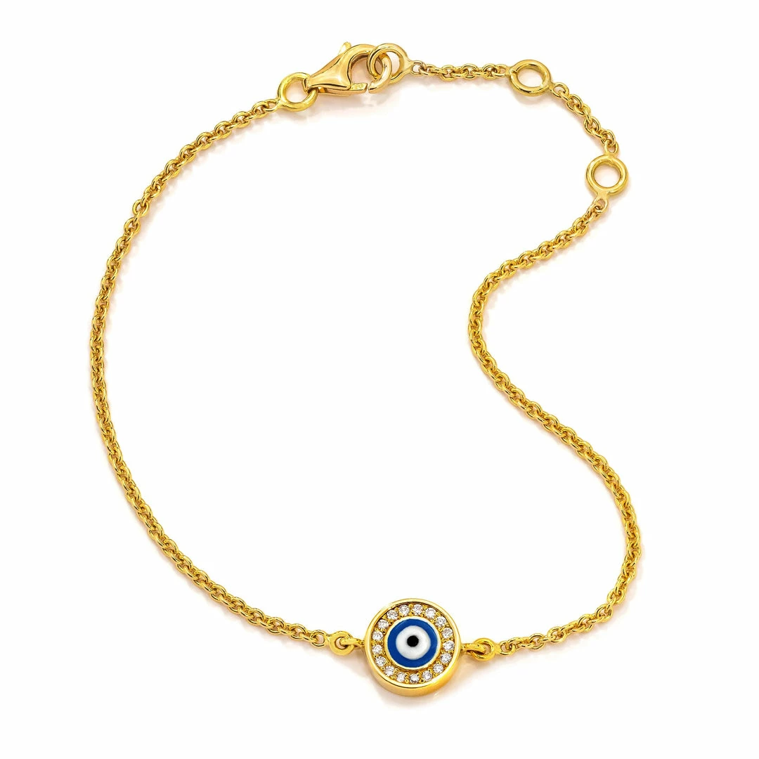 Aaron Basha 18K Yellow Gold Navy Blue Evil Eye With Diamond Rim On Single Strand Bracelet