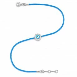 Aaron Basha White Gold Vermeil & Diamond Women's Light Blue Evil Eye On Light Blue Cord Bracelet- Pre Order Delivery September 2022