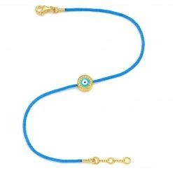 Aaron Basha Yellow Gold Vermeil & Diamond Women's Light Blue Evil Eye On Light Blue Cord Bracelet