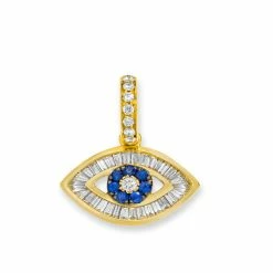 Aaron Basha Baguette Diamond Evil Eye Charm In Yellow Gold With Blue Sapphires