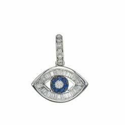 Aaron Basha Baguette Diamond Evil Eye Charm In White Gold With Blue Sapphires