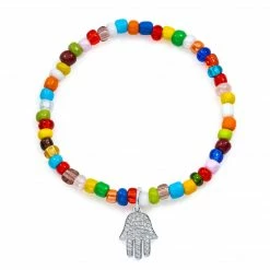 Aaron Basha White Gold Hamsa Large On Colorful Stretch Beaded Bracelet