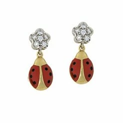 Aaron Basha Diamond Flower Ladybug Hanging Earrings (Large) Ladybugs