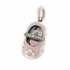 Aaron Basha 18K White Gold & Pink Shoe Charm With White Flowers - Pre Order August 2022 Delivery Girls Baby Shoes
