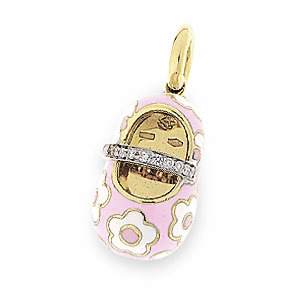Aaron Basha Girls Baby Shoes 18K Yellow Gold & Pink Shoe Charm With White Flowers