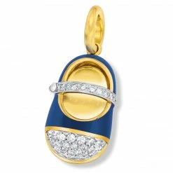 Aaron Basha Girls Baby Shoes 18K Yellow Gold Navy Blue Pave Toe And Diamond Strap