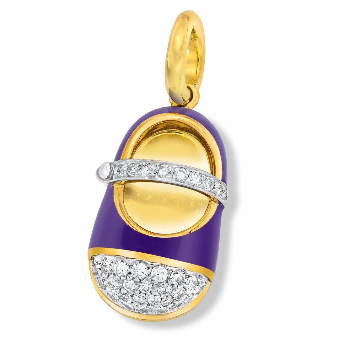 Aaron Basha 18K Yellow Gold Purple Pave Toe And Diamond Strap Girls Baby Shoes