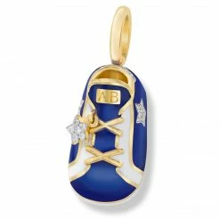 Aaron Basha Boys Baby Shoes 18K Yellow Gold Cobalt Blue/White Stripe Sneaker With Diamond Star