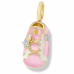 Aaron Basha 18K Yellow Gold Pink/White Stripe Sneaker With Diamond Star Girls Baby Shoes